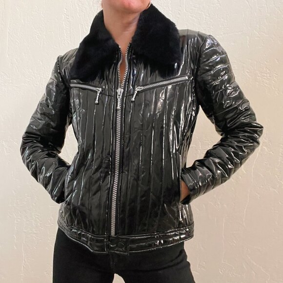 Vintage 90s/Y2K Black Faux Patent Leather Fur Collar Zip Up Jack - Picture 1 of 7